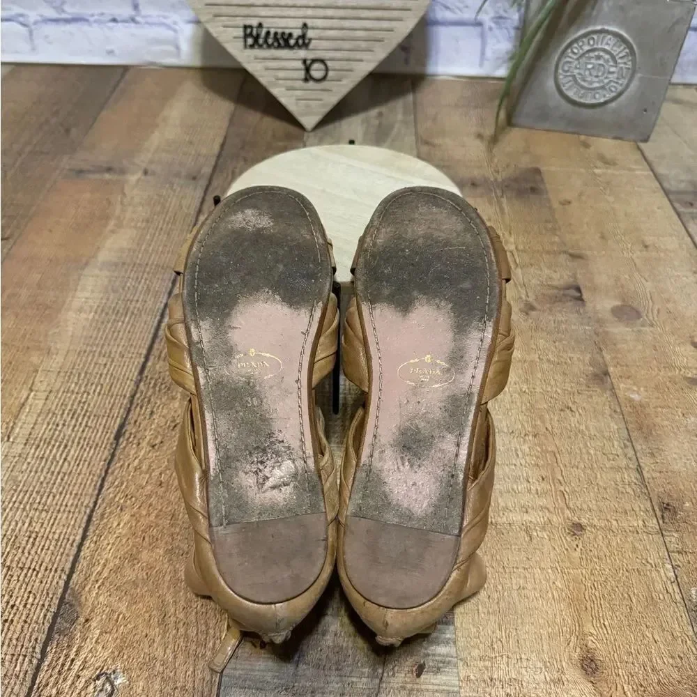 Prada Tan Pleated Leather Caged Flat Sandals Size 38.5